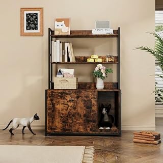 GarveeLife 52 Inch Cat Litter Box Enclosure with Storage Shelves, Dog-Proof, Wood Cabinet, Brown