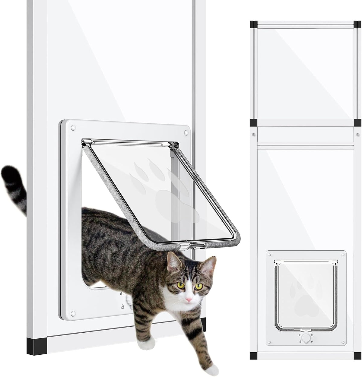 White vertical window cat door insert with glass panel