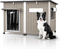 Extra large outdoor dog house with opening roof and iron frame in a yard