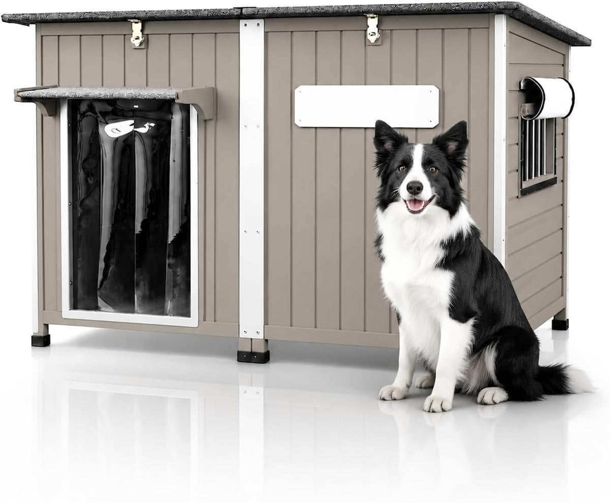 Extra large outdoor dog house with opening roof and iron frame in a yard