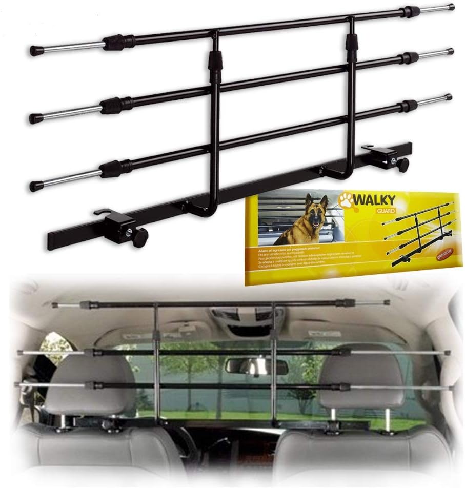 Powder-coated steel adjustable car barrier mounted on headrest poles