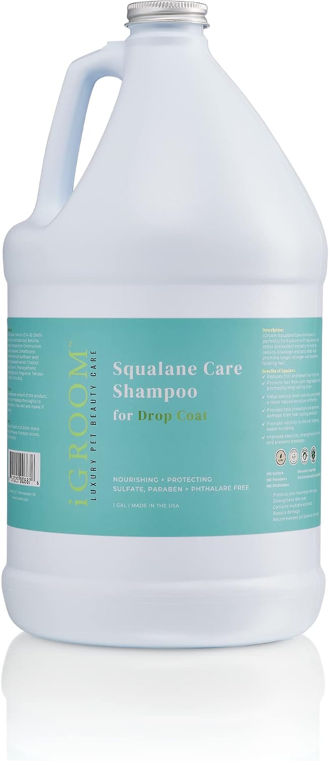 Gallon jug of squalane dog shampoo for drop coats