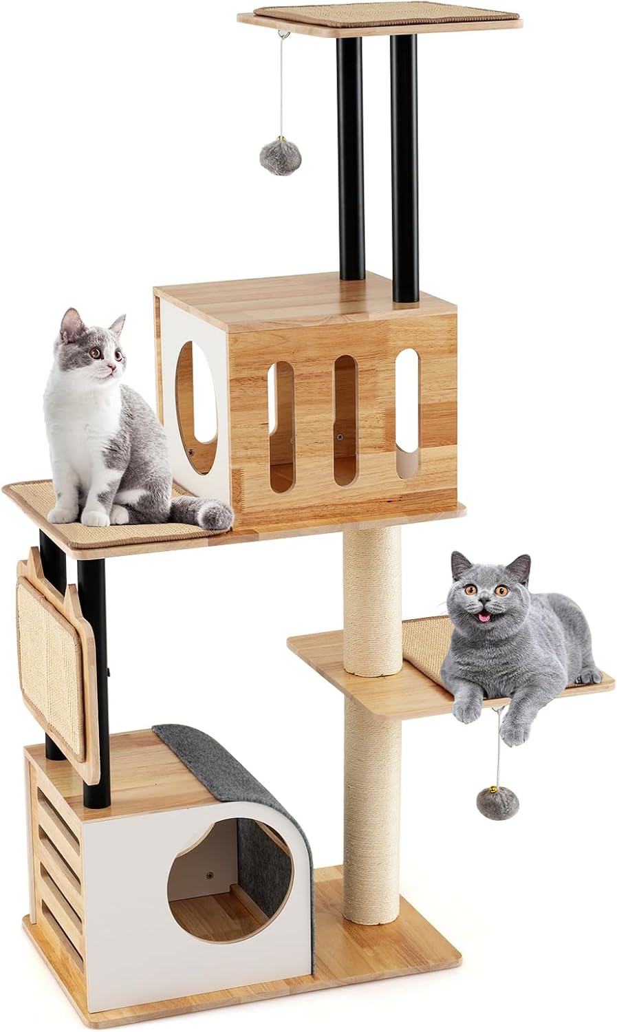 Tall multi-level wood cat tower with two condos and sisal posts