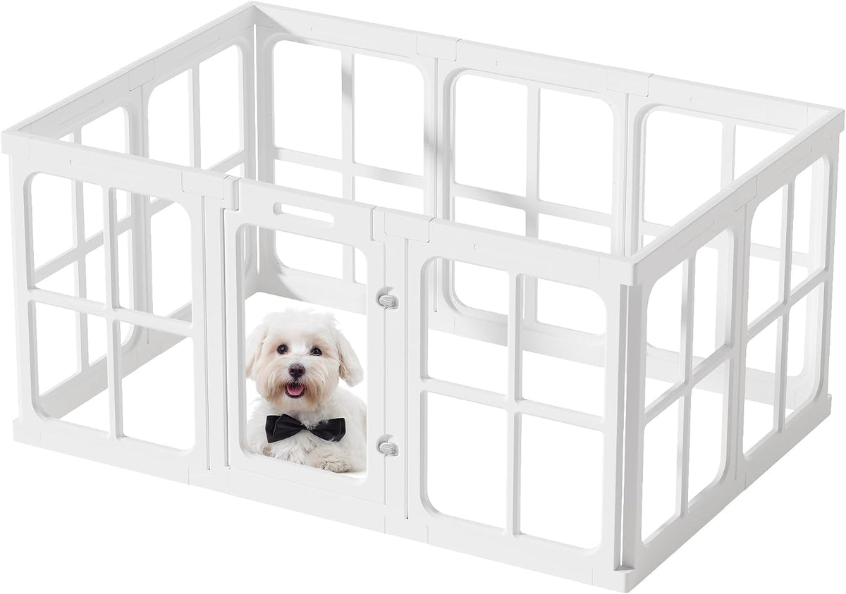 White-framed clear acrylic dog playpen with a door and ten panels