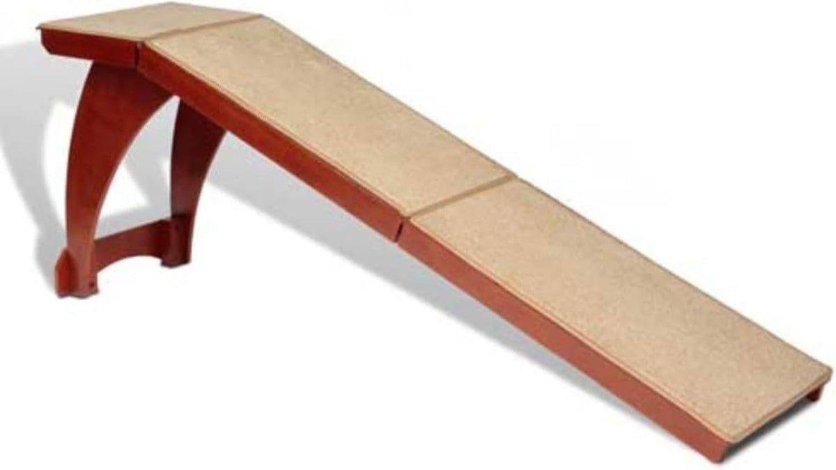 White wooden pet ramp with carpet surface leading up to a bed – view 2