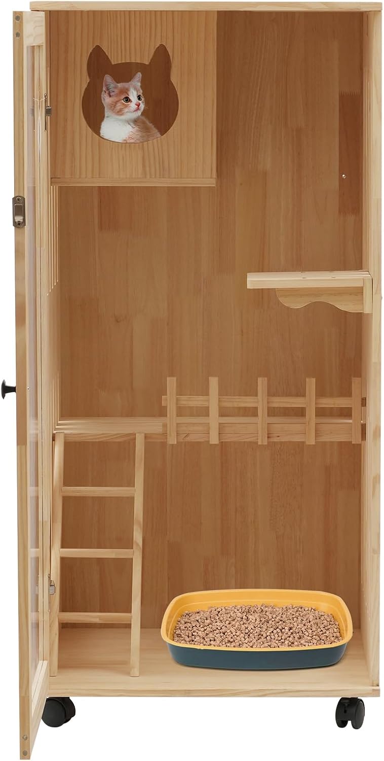 Wooden indoor cat villa enclosure with ramp, LED light and wheels