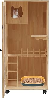 Large Wooden Cat House, Multi-Feature Ventilated Cat Condo with LED Light