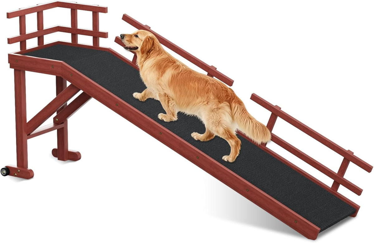 Wooden dog ramp with top platform, side rails and wheels leaning against a bed