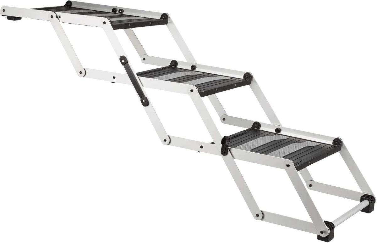 Silver and black foldable four-step pet stairs with rubber treads – view 2