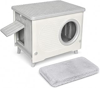 Weatherproof Outdoor Cat House with Cushion, Heavy-Duty Elevated Feral Shelter, Grey and White