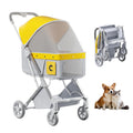 Yellow four-wheel all-terrain pet stroller with mesh windows