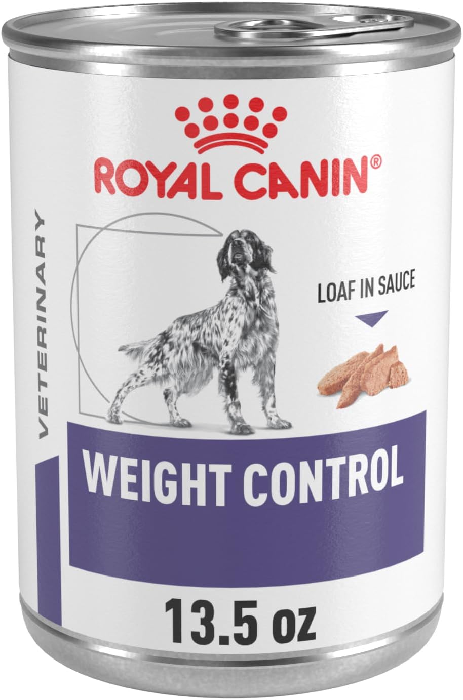 Case of veterinary weight control loaf in sauce dog food cans