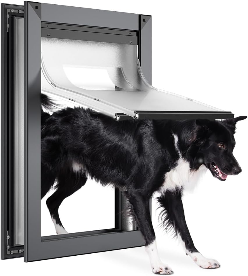 Gray aluminum extra large dog door with sliding lock panels