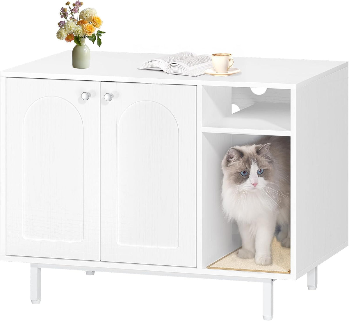 White wooden litter box cabinet with storage section and sisal mat
