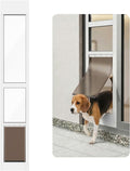 White aluminum frame dog door insert standing in a sliding glass patio door