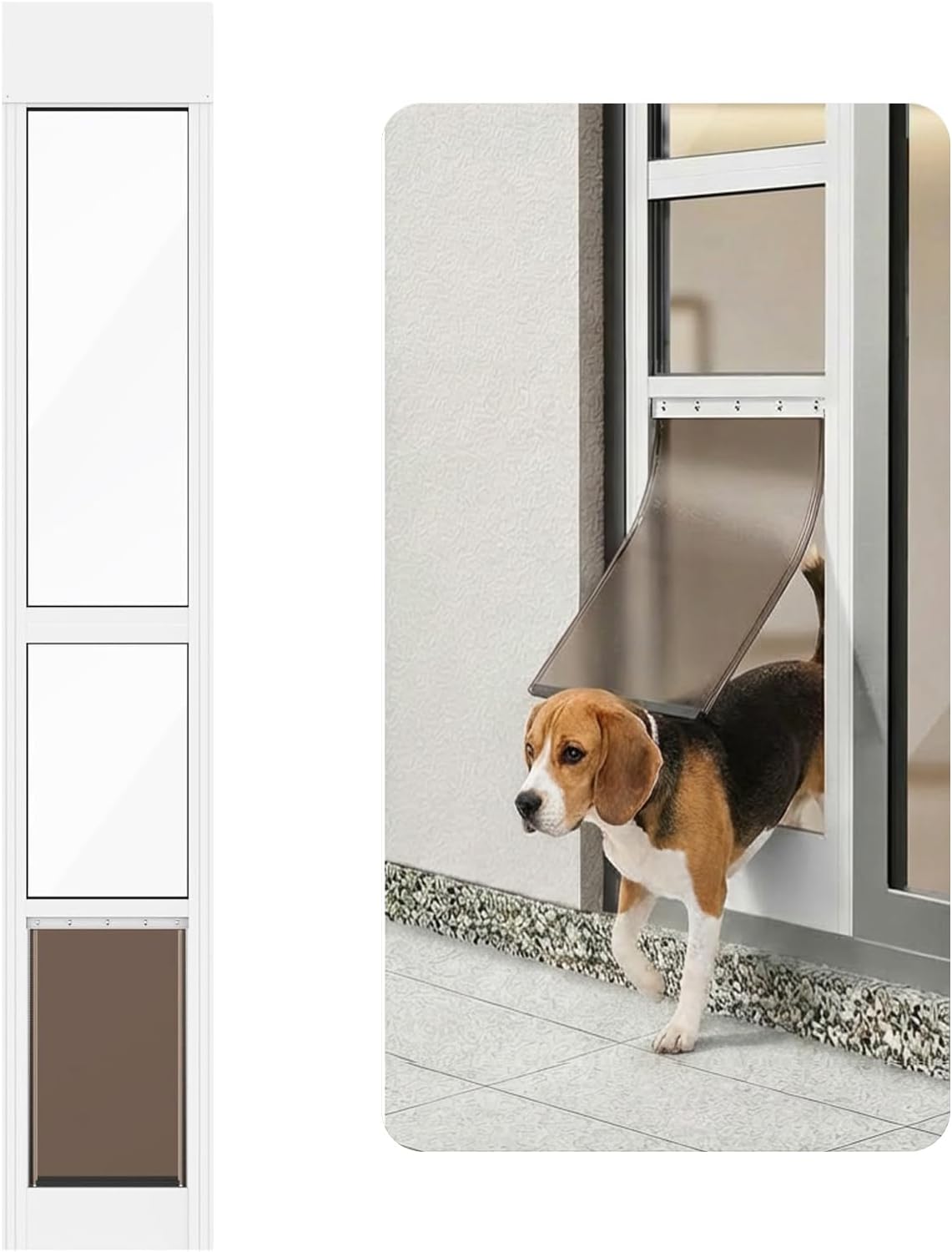 White aluminum frame dog door insert standing in a sliding glass patio door