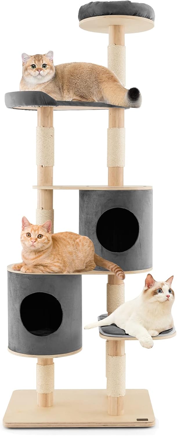 Tall solid rubber wood cat tree with sisal posts and top perch – view 2