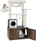 Tangkula Industrial Cat Tree with Hidden Litter Box Enclosure, Sisal Scratching Posts, Hammock, Hanging Toy, Basket Bed and