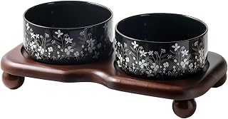 Ceramic Cat Bowl Set with Wooden Stand, Elevated Anti-Slip Pet Feeder