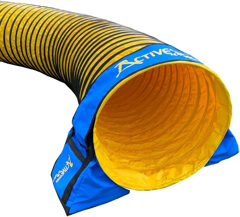 Pair of sandbags draped over a dog agility tunnel