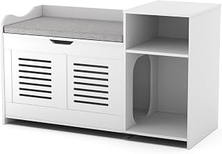 Litter Box Enclosure, Multifunctional White Storage Bench with Compartments, Wooden Cat House
