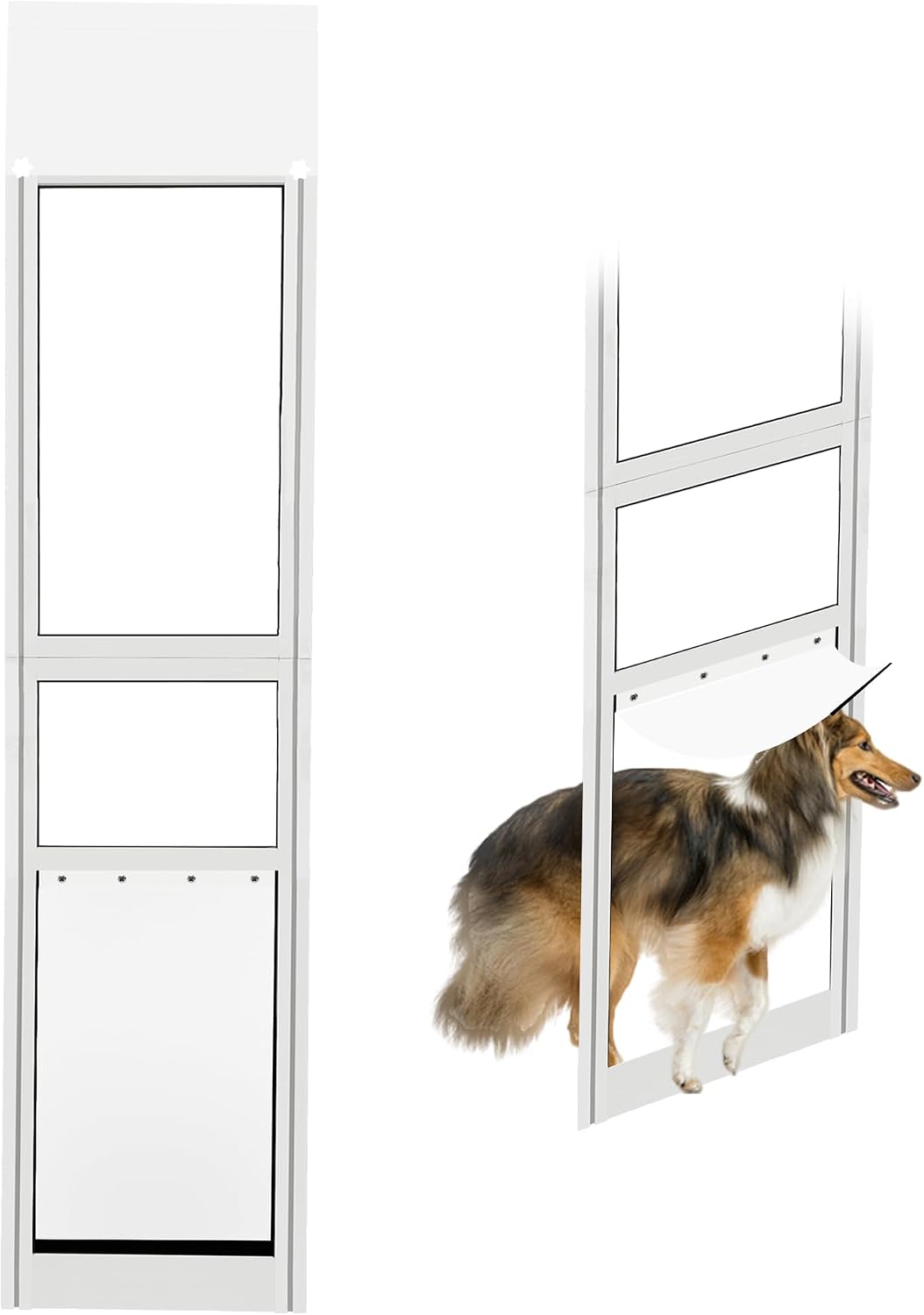 XL metal-framed dog door panel installed in a sliding glass door