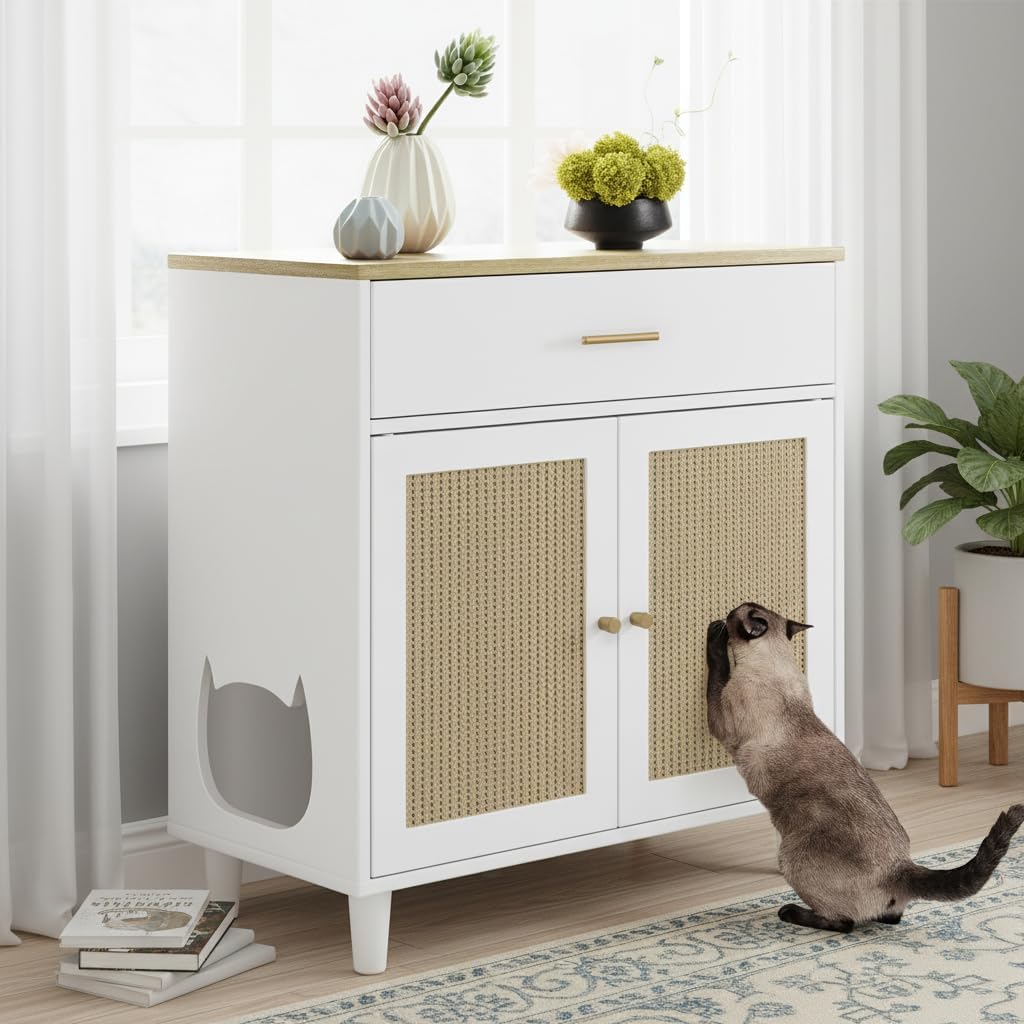 White corner hidden litter box cabinet with drawer and sisal doors