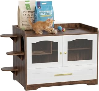 Cat Litter Box Enclosure Furniture, Dog-Proof, with Acrylic Door, Drawer and Cat Play Area