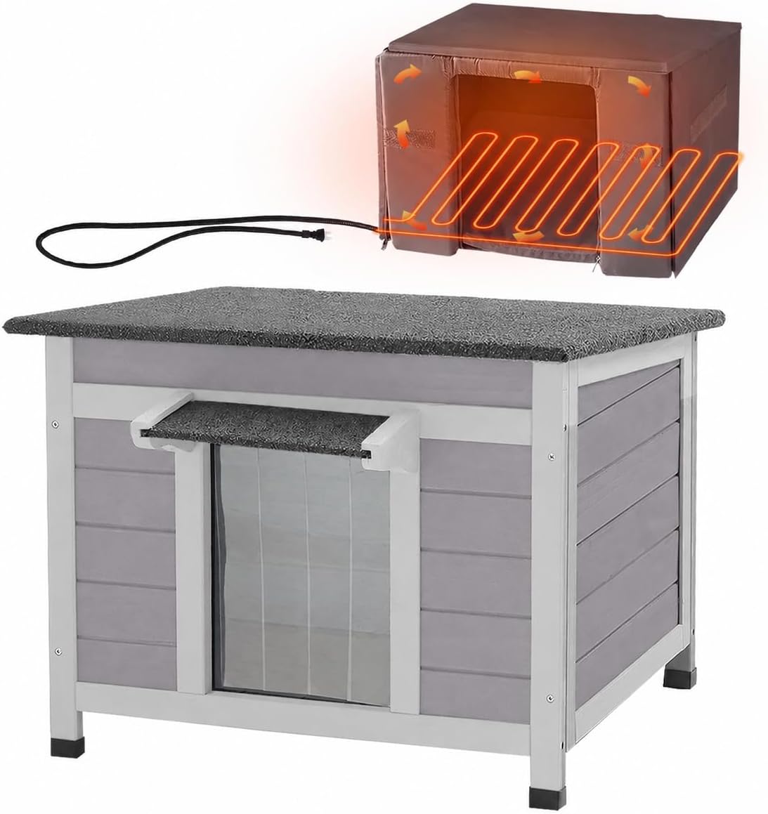 Fir wood outdoor cat shelter with PVC door flaps and raised legs