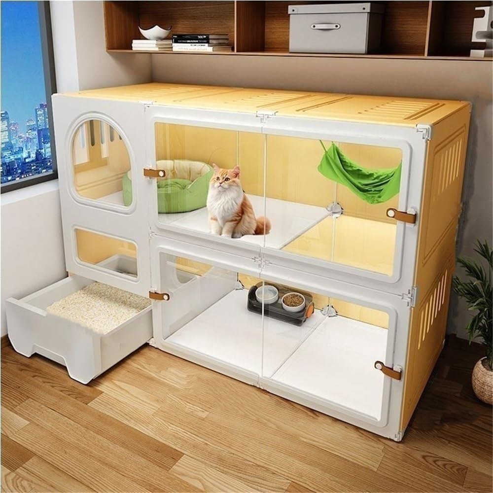 Multi-level plastic indoor cat cage with litter box and front door – view 2