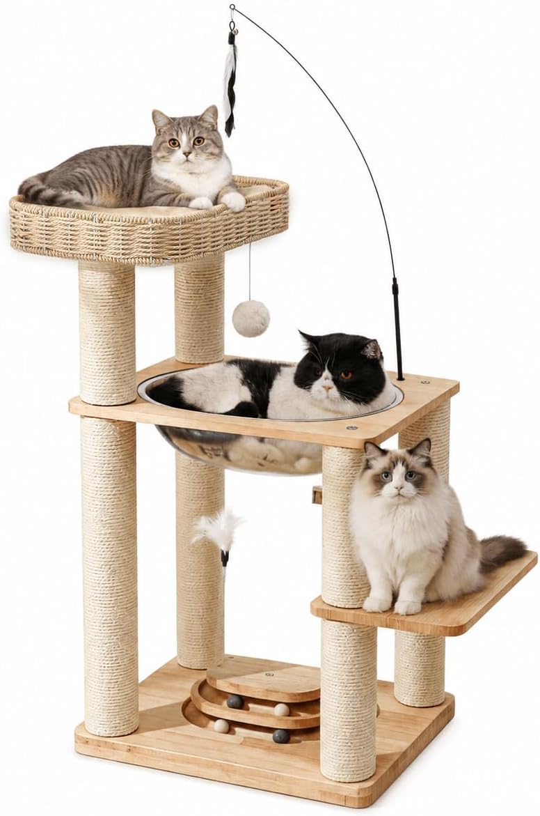 36 inch solid wood cat tree with handwoven basket and clear space capsule