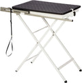 Folding steel X-frame pet grooming table with adjustable arm