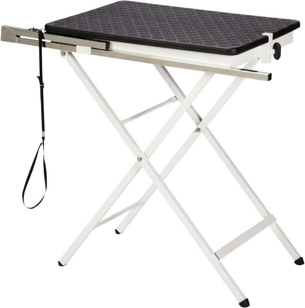 Folding steel X-frame pet grooming table with adjustable arm