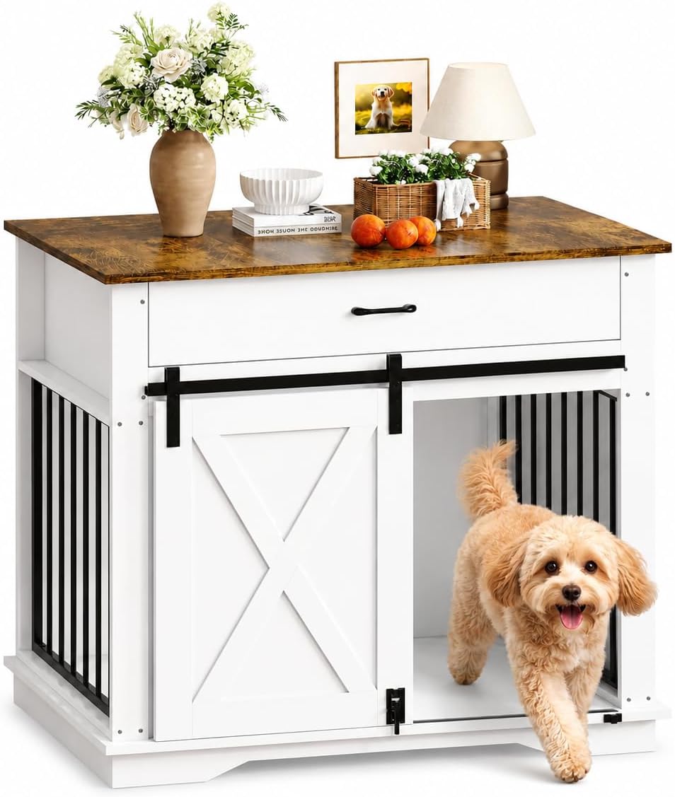 White farmhouse wooden dog crate end table with double doors and drawers – view 3