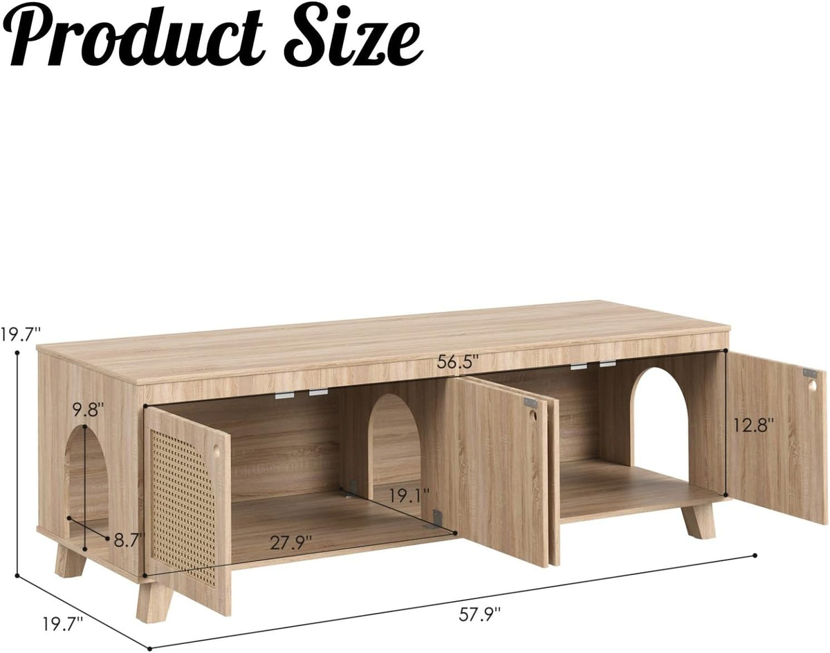 Wooden double litter box cabinet with rattan doors and two cat entrances