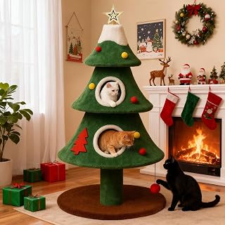 COMHOMA 52 Inch Christmas Cat Tree with 2 Houses, Anti-Tip Safety, Dangling Balls and Climbing Tower