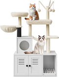 Garvee Litter Box Enclosure with Cat Tree Tower and Condo, Grooming Brush, Sisal Post and Plush Perch, White