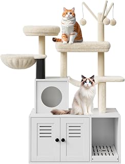 Garvee Litter Box Enclosure with Cat Tree Tower and Condo, Grooming Brush, Sisal Post and Plush Perch, White