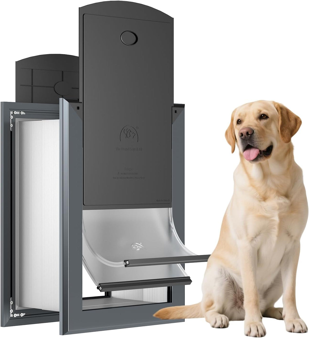 Heavy duty large dog door installed through an exterior wall with a dark flexible flap