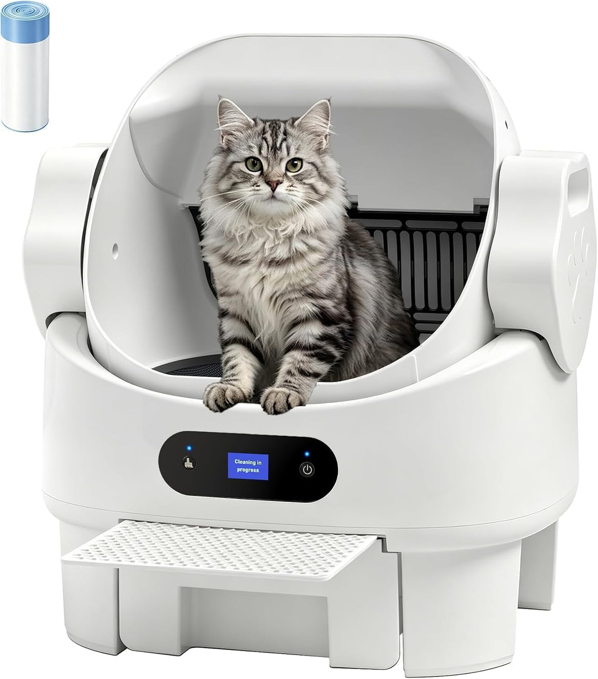 White open-top automatic litter box with waste bin – view 3
