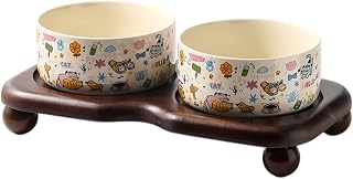 Ceramic Cat Bowl Set with Wooden Stand, Elevated Anti-Slip Pet Feeder