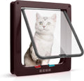 Brown 4-way locking cat door flap installed in a door