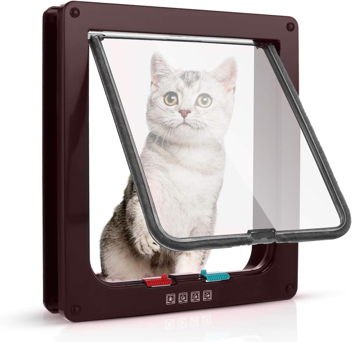 Brown 4-way locking cat door flap installed in a door