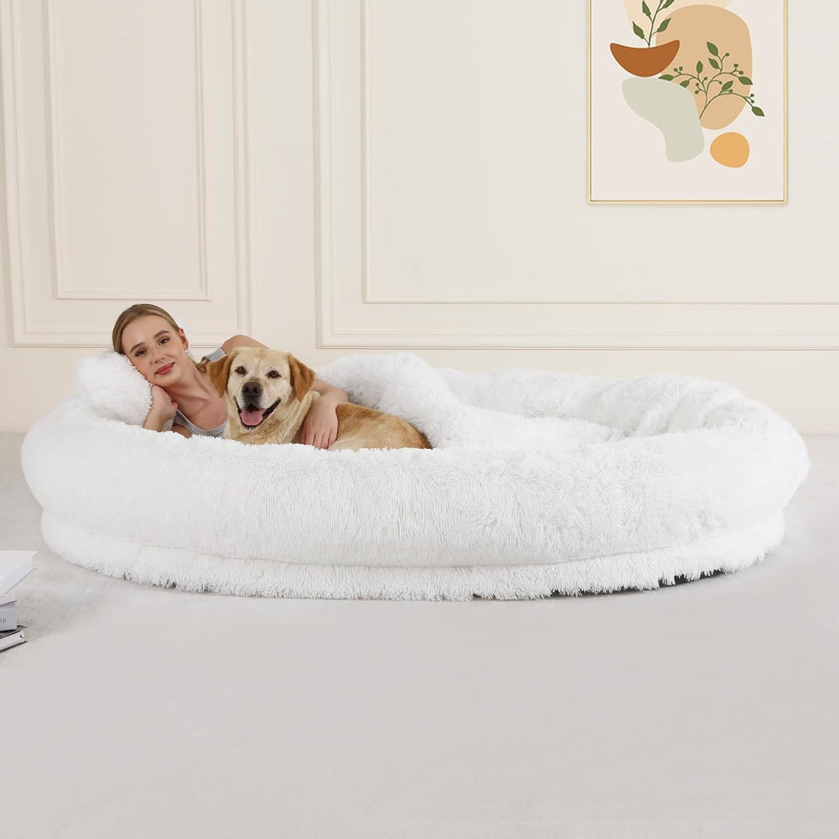 Human size faux fur dog bed with blanket and side pocket – view 10