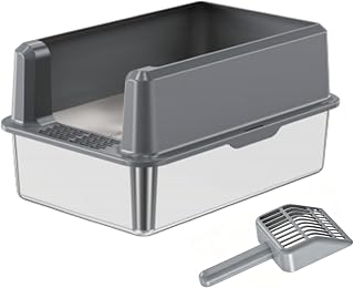 Stainless Steel Cat Litter Box, Open Top, High Sides, Deep Grey