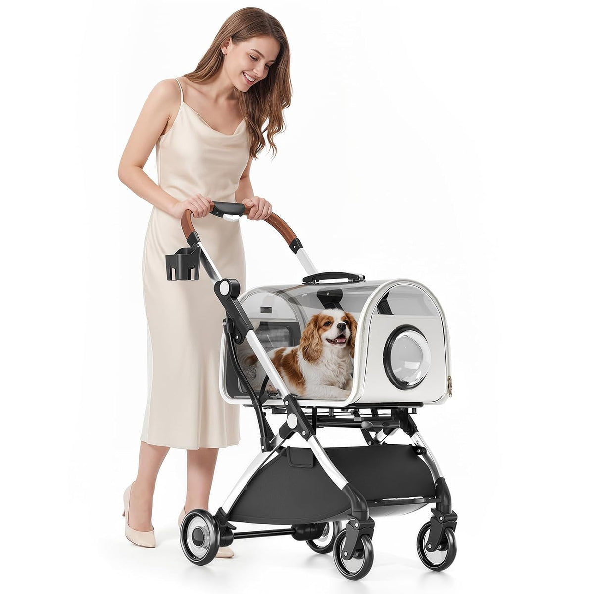 Pet stroller with clear hard-shell detachable carrier on a wheeled frame