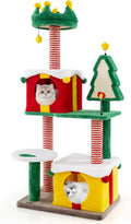 Holiday-themed cat tree with gift box shaped condos and sisal posts