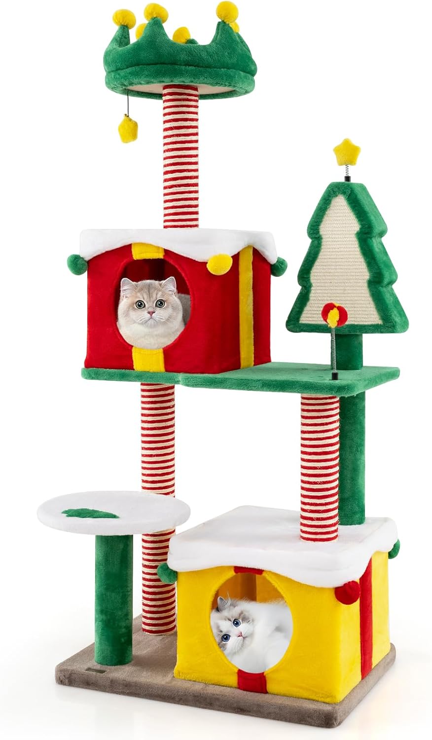 Holiday-themed cat tree with gift box shaped condos and sisal posts