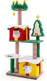 PETSITE 61 Inch Christmas-Themed Cat Tree with Sisal Scratching Posts, 2 Gift Box-Shaped Condos, Hanging Ball and Spring Toys