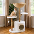 43 Inch Real Wood Cat Tree Tower with Large Basket, Scratching Posts, Real Branch Design, Dangling Ball and Extended Platform